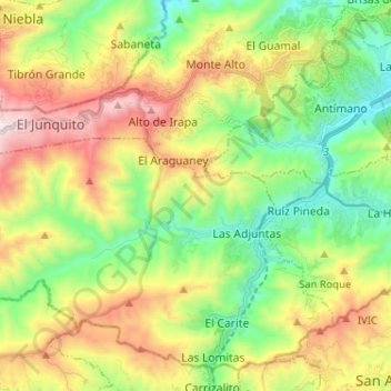 Mapa topográfico Área Verde Arborea Corta Protegida de Caracas, altitud, relieve