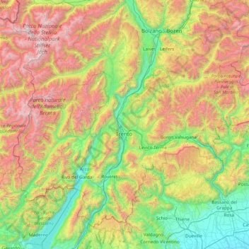 Mapa topográfico Provincia di Trento, altitud, relieve