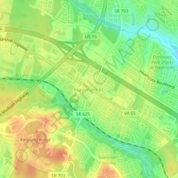 Mapa topográfico Haymarket, altitud, relieve