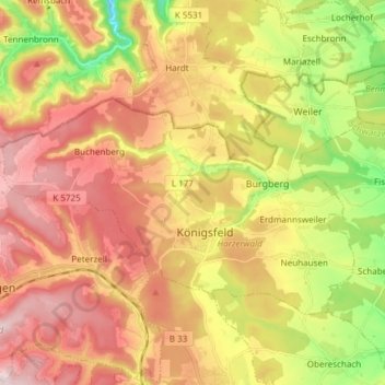 Mapa topográfico Königsfeld im Schwarzwald, altitud, relieve