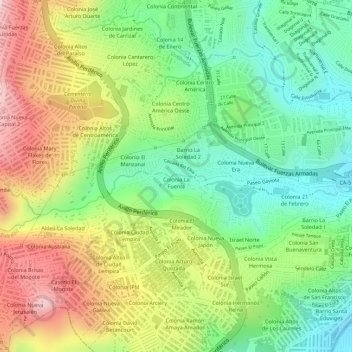 Mapa topográfico Colonia La Fuente, altitud, relieve