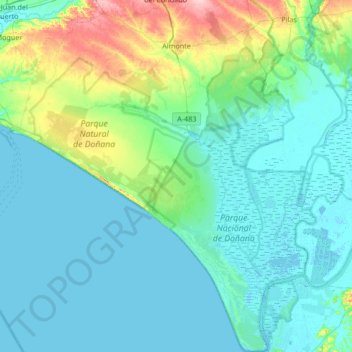 Mapa topográfico Almonte, altitud, relieve