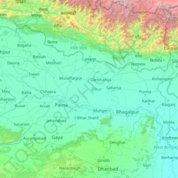Mapa topográfico Bihar, altitud, relieve