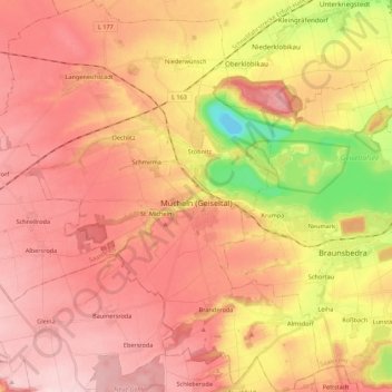 Mapa topográfico Mücheln (Geiseltal), altitud, relieve