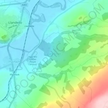 Mapa topográfico Coed Tregib, altitud, relieve