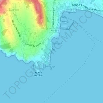 Mapa topográfico Praia da Cunchiña, da Cheminea ou de Massó, altitud, relieve