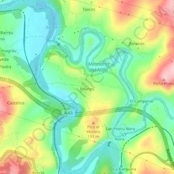 Mapa topográfico Priañes, altitud, relieve