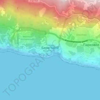 Mapa topográfico Береговое, altitud, relieve